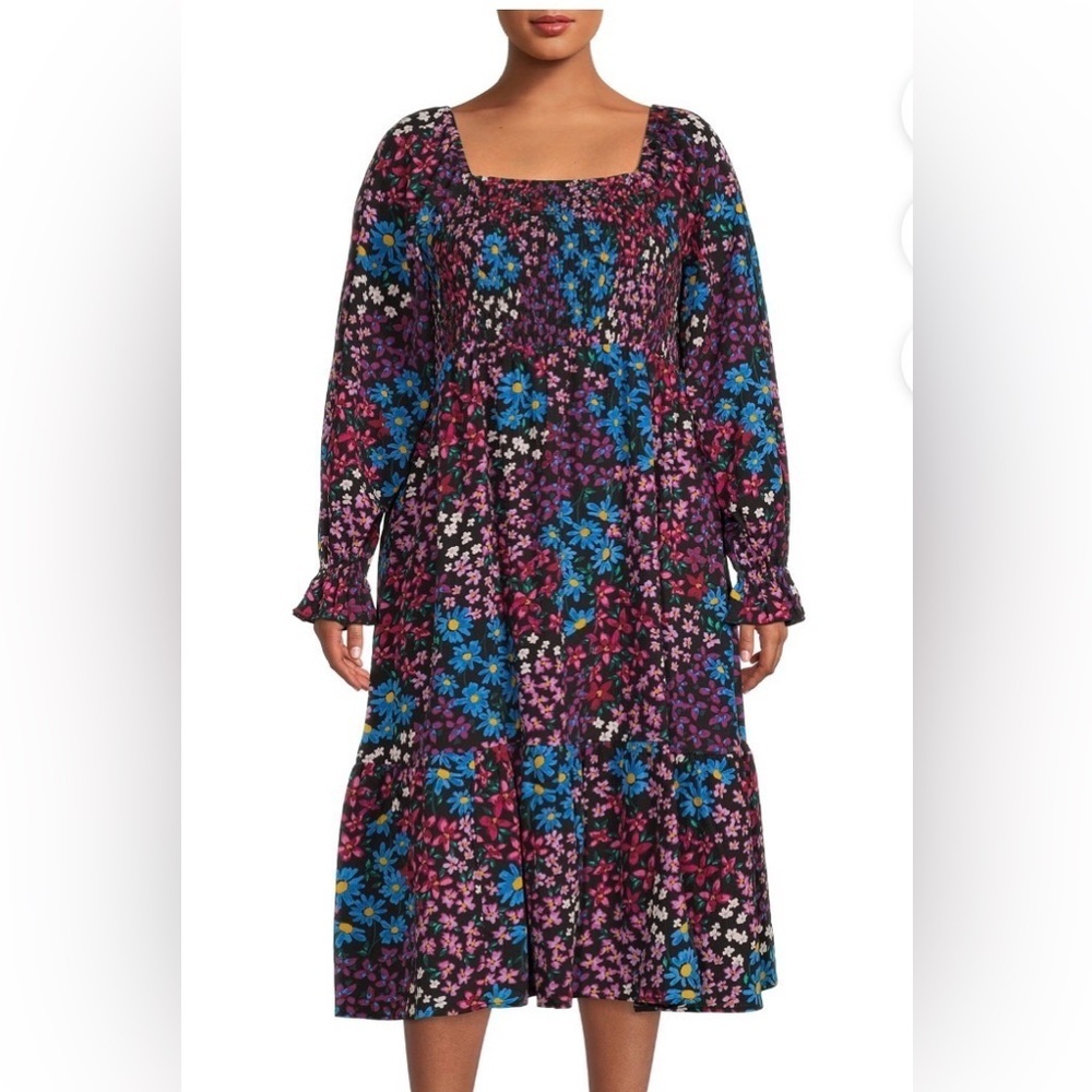 Terra & Sky Multicolor Ditsy  Floral Long‎ Sleeve Dress Square Neck Bohemian 1X